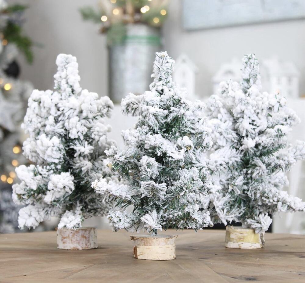 Mini Christmas Trees (3-Pack 10-Inch Flocked) Canadian Pine Greenery Tabletop